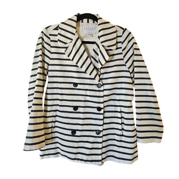 Anthropologie‎ Velvet By Graham White and Navy Striped Double Peacoat Size Small - Picture 2 of 9